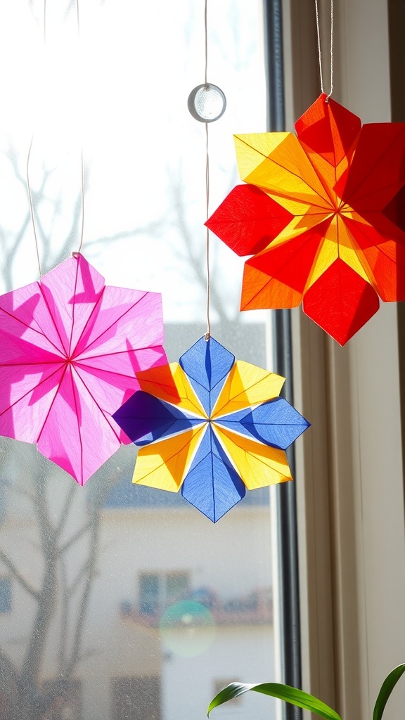 Colorful tissue paper suncatchers hanging in a sunlit window.
