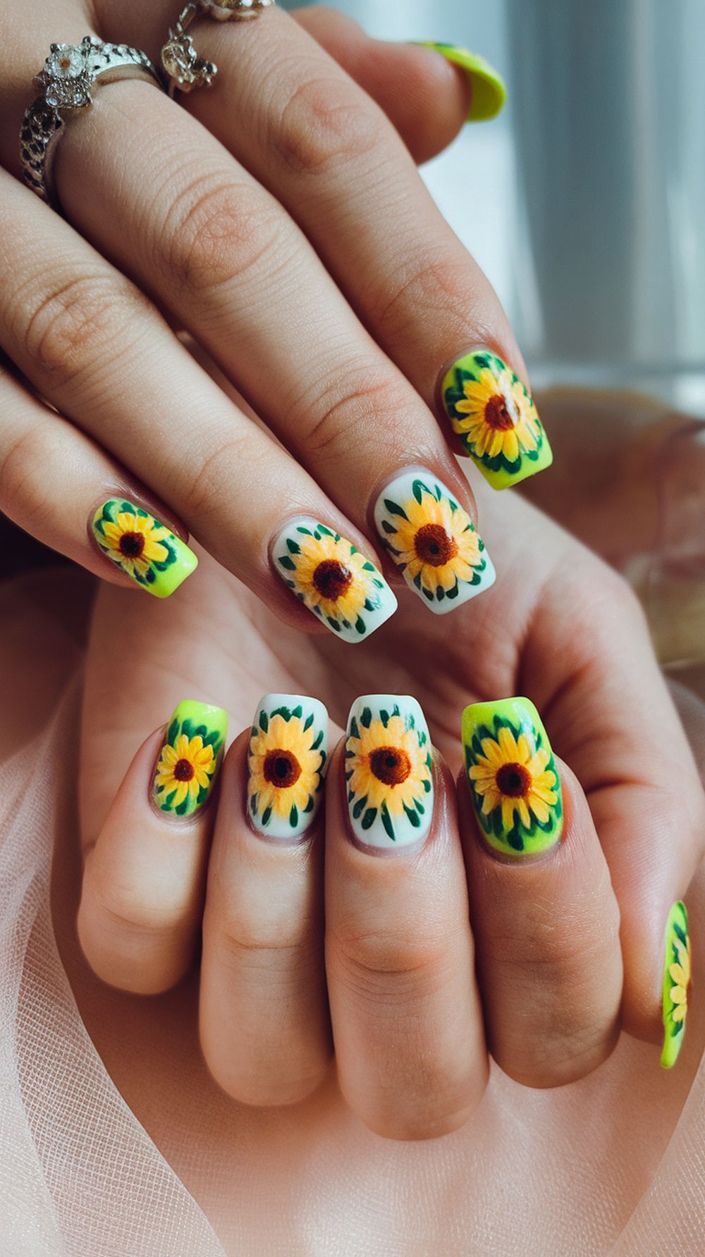 Nails with sunflower designs and bright colors