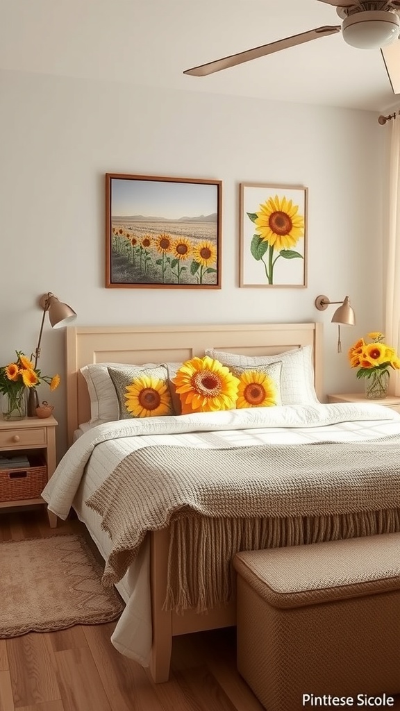 A cozy cottagecore bedroom featuring sunflower accents with pillows and artwork.