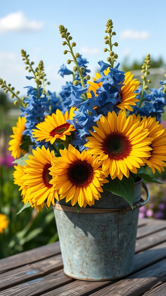 A floral arrangement featuring vibrant sunflowers and blue delphiniums in a rustic bucket.