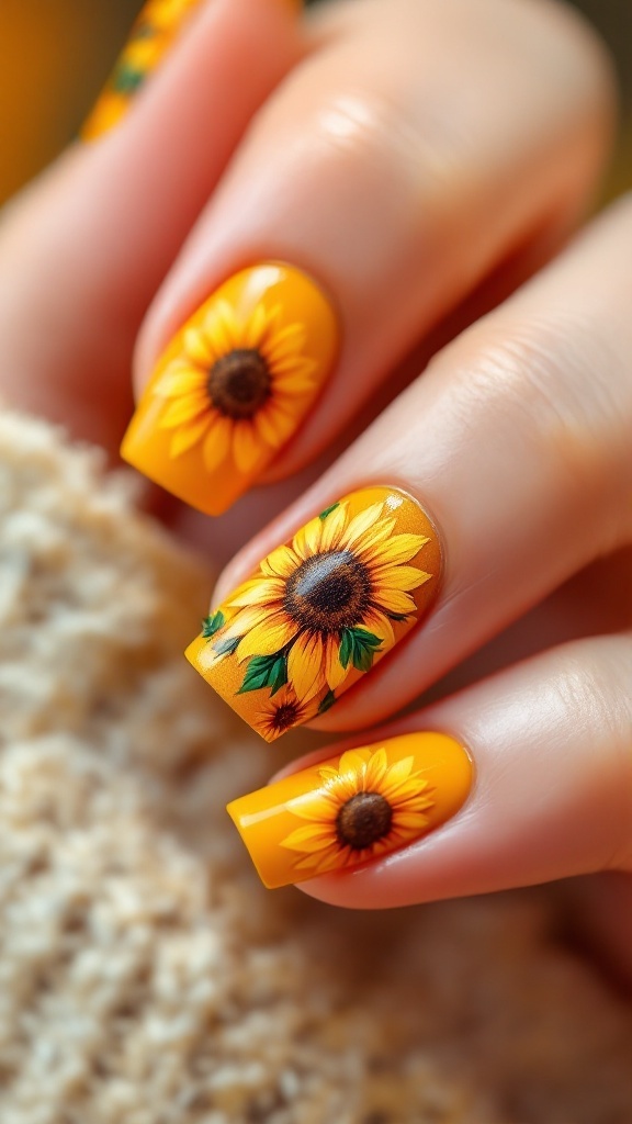 Nail art featuring bright yellow nails with sunflower designs