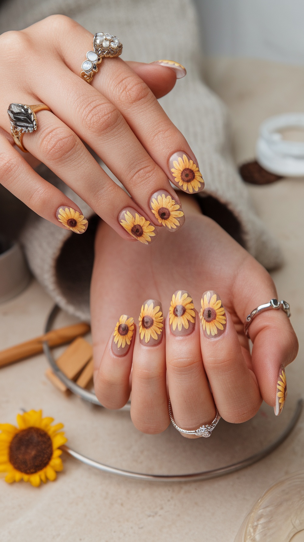 Close-up of hands with sunflower nail wraps and rings