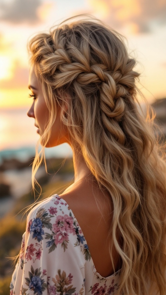 A side profile of a woman with a sunkissed half up braid and beachy waves, wearing a floral dress against a sunset backdrop.