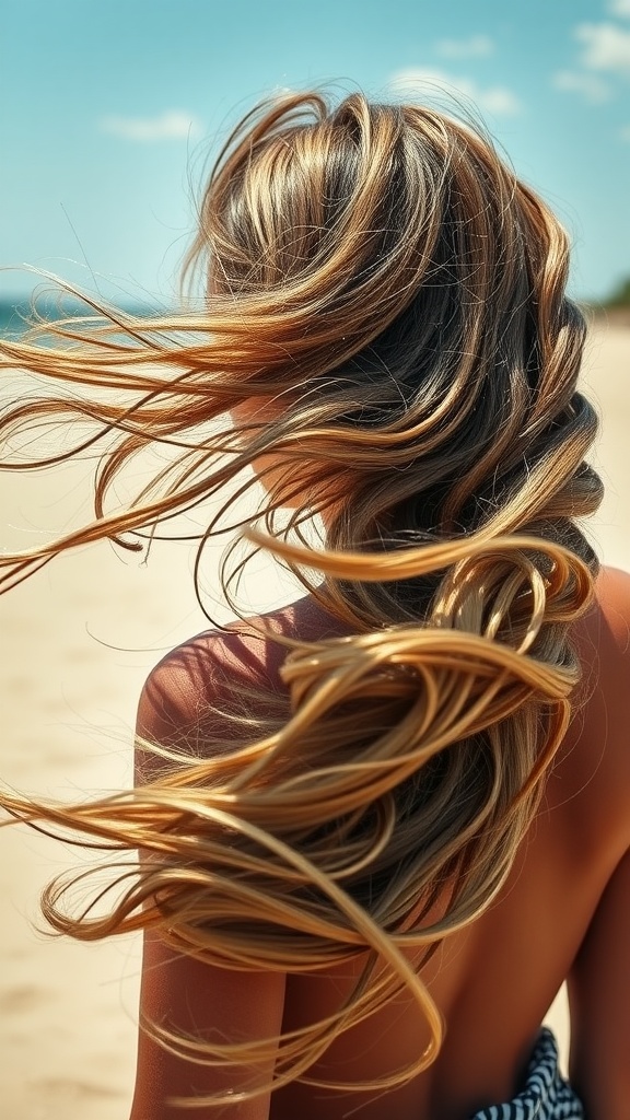 A woman with long, wavy hair blowing in the wind on a beach, showcasing sunkissed highlights