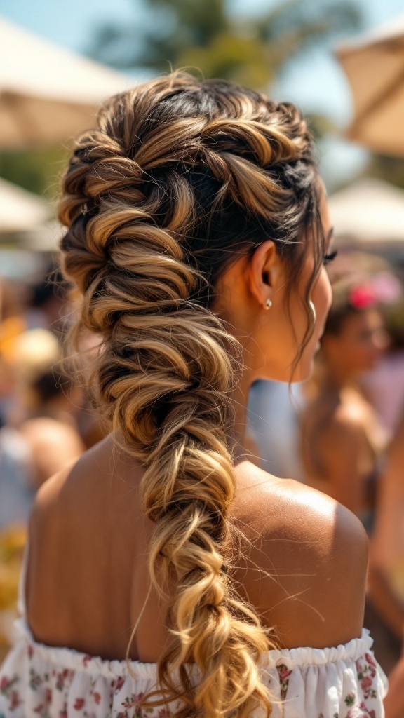 A woman with a sunkissed twisted halo hairstyle, showcasing braids and loose curls, perfect for summer.