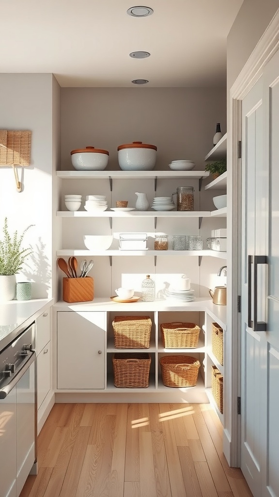 A bright corner pantry with open shelves displaying bowls and jars, alongside basket storage.