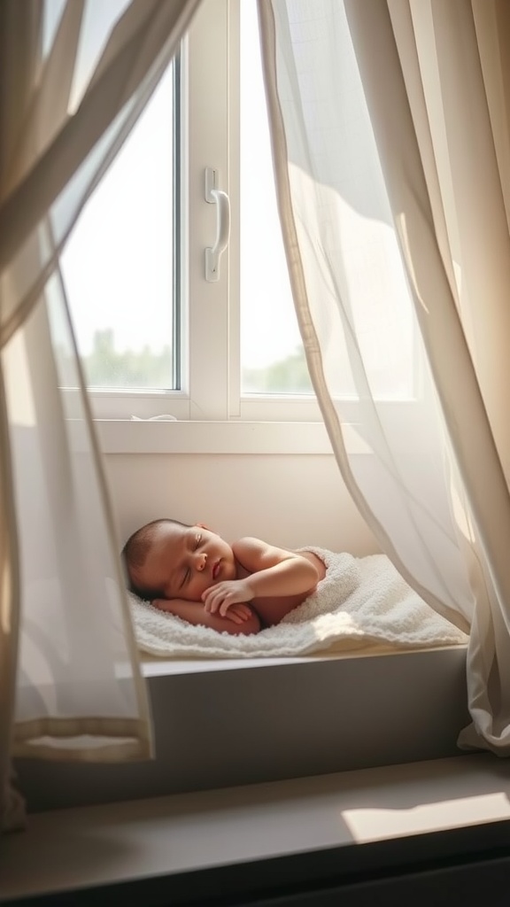 A sleeping baby nestled in a sunlit window frame, surrounded by soft curtains.