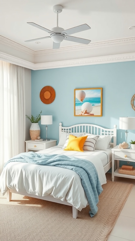 A bright and cozy bedroom decorated in beach-themed colors with a white bed, blue accents, and beach artwork.
