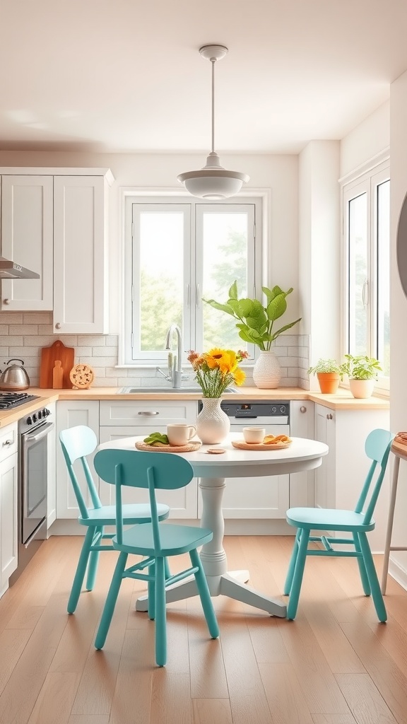 A bright kitchen with a round table and turquoise chairs, featuring a vase of flowers and natural sunlight.