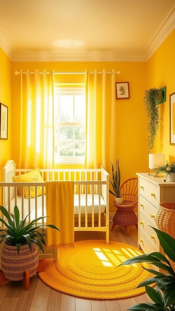 A bright and cheerful yellow nursery with a crib, plants, and natural light.