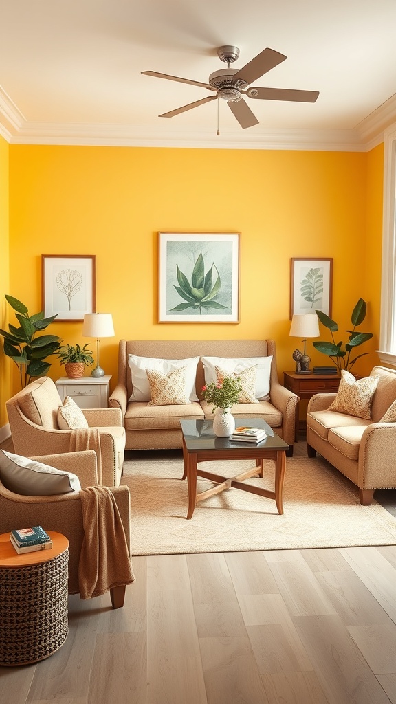 A cozy living room with sunny yellow walls, beige sofas, and green plants.