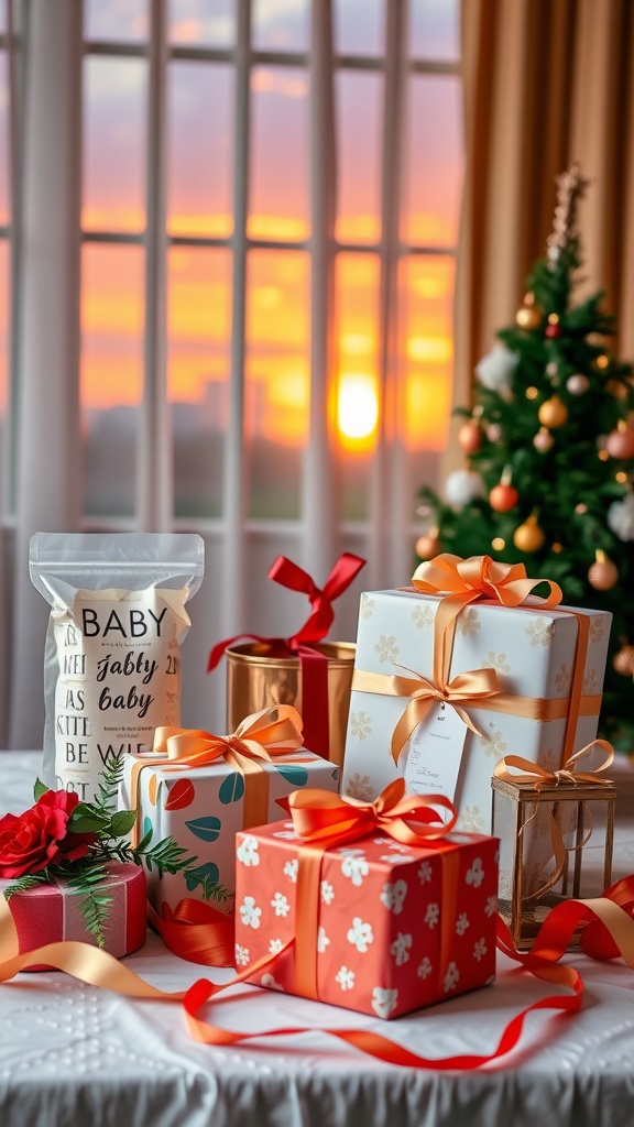 A sunset-themed gift table for a summer boy baby shower, featuring colorful wrapped gifts and a warm sunset background.