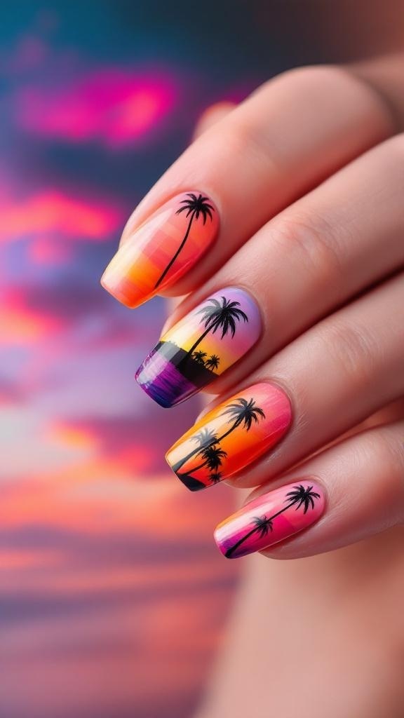 Nails featuring a sunset gradient with palm tree designs.