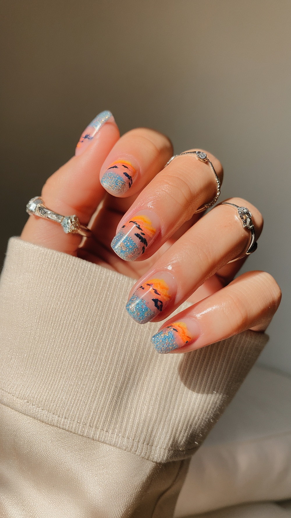 Nails painted with sunset sky design featuring glitter and palm tree silhouettes.