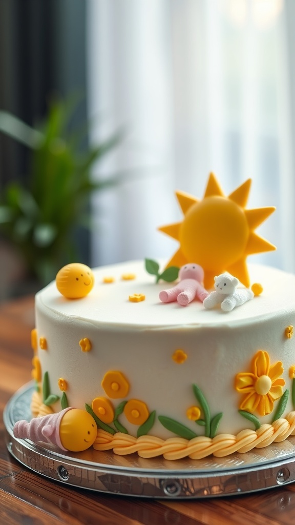 A colorful cake decorated with a sun, flowers, and baby figures for a summer boy baby shower.
