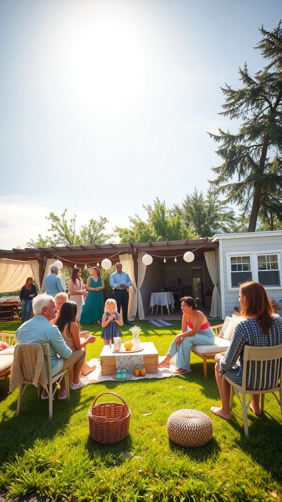 Outdoor baby shower setup with guests enjoying sunshine and games.
