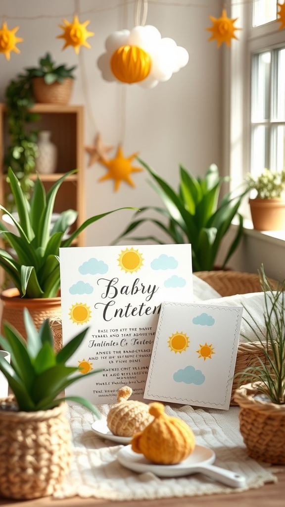 A bright and cheerful baby shower invitation design featuring suns and clouds.