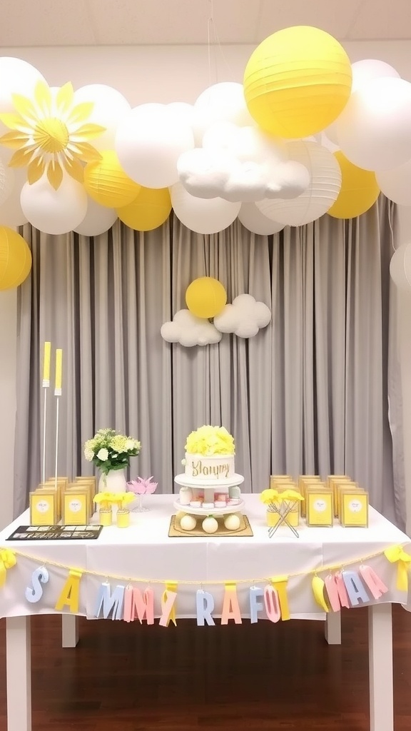 Decor featuring sunshine and clouds with yellow accents for a gender neutral baby shower.