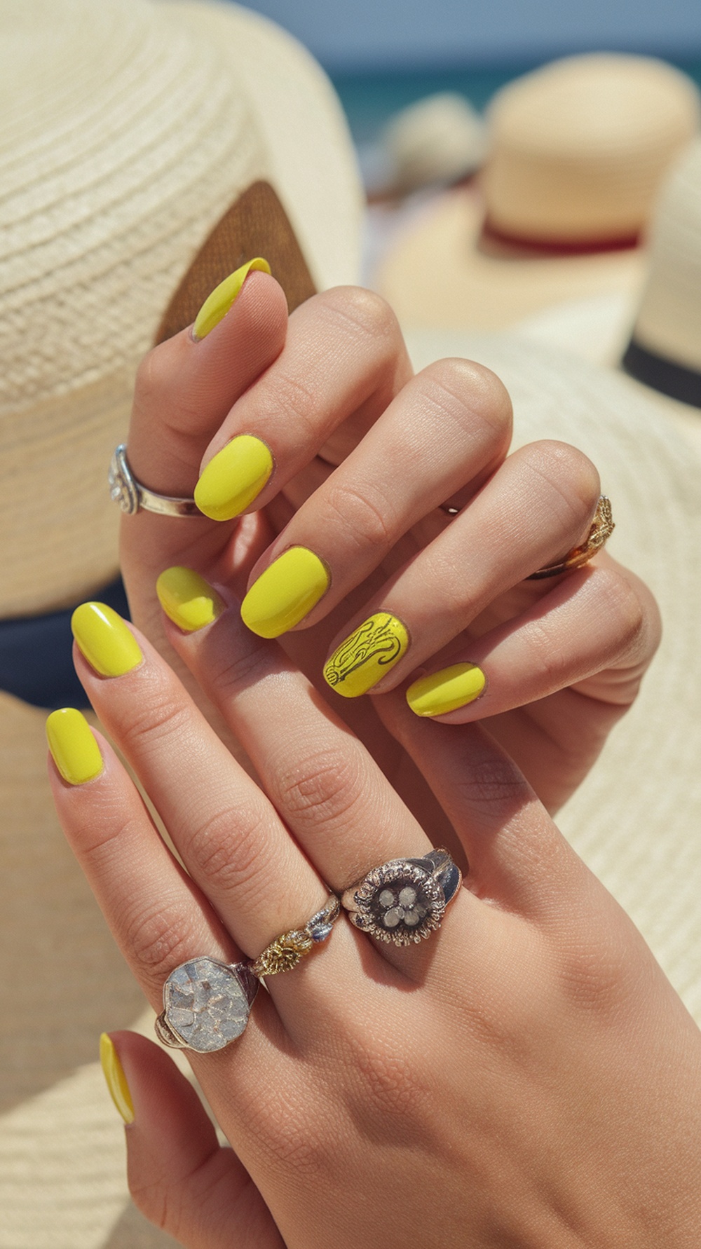 Close-up of hands with sunshine yellow nails and rings, set against a beach background
