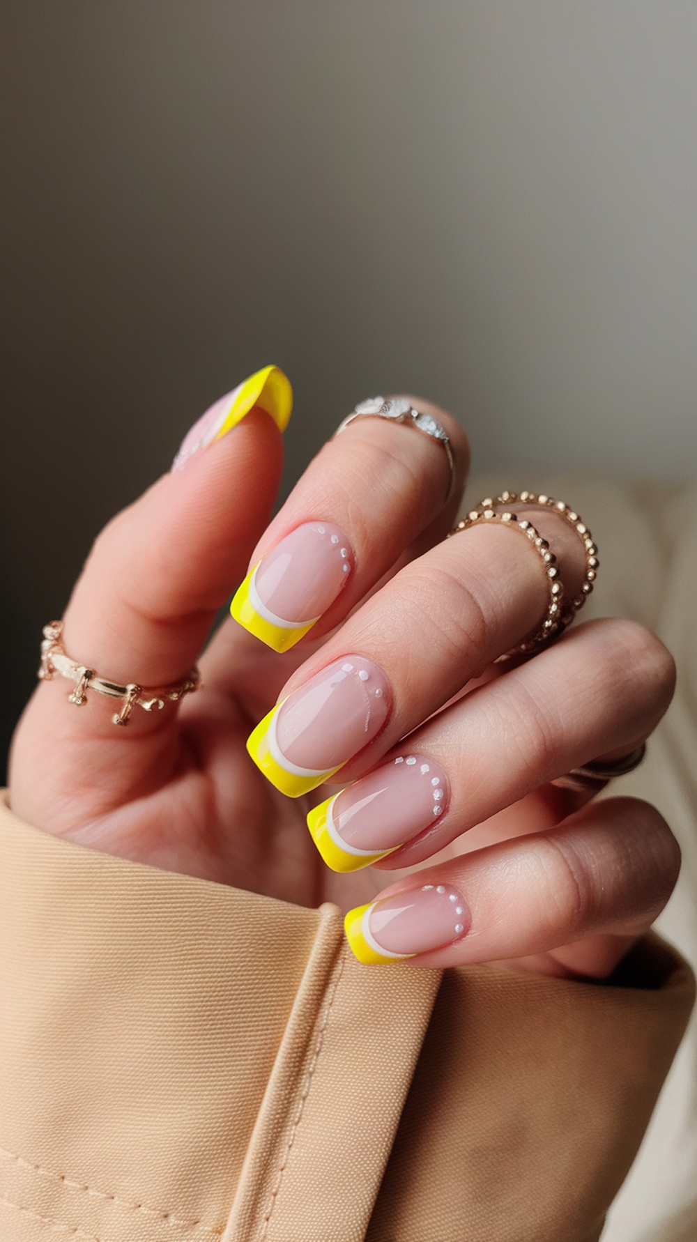 A close-up of a hand with sunshine yellow tipped nails, featuring a nude base and white dots, adorned with rings.
