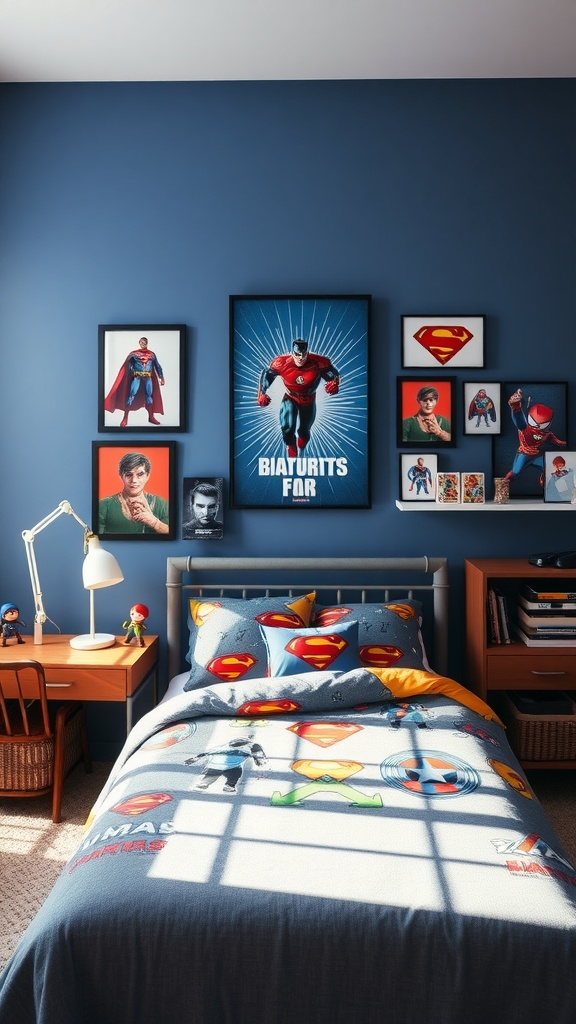 A superhero-themed bedroom with blue walls, themed bedding, and superhero artwork.