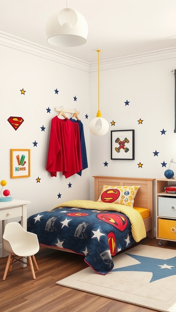 A colorful superhero-themed bedroom with a bed featuring superhero bedding, wall decorations, and a cozy chair.