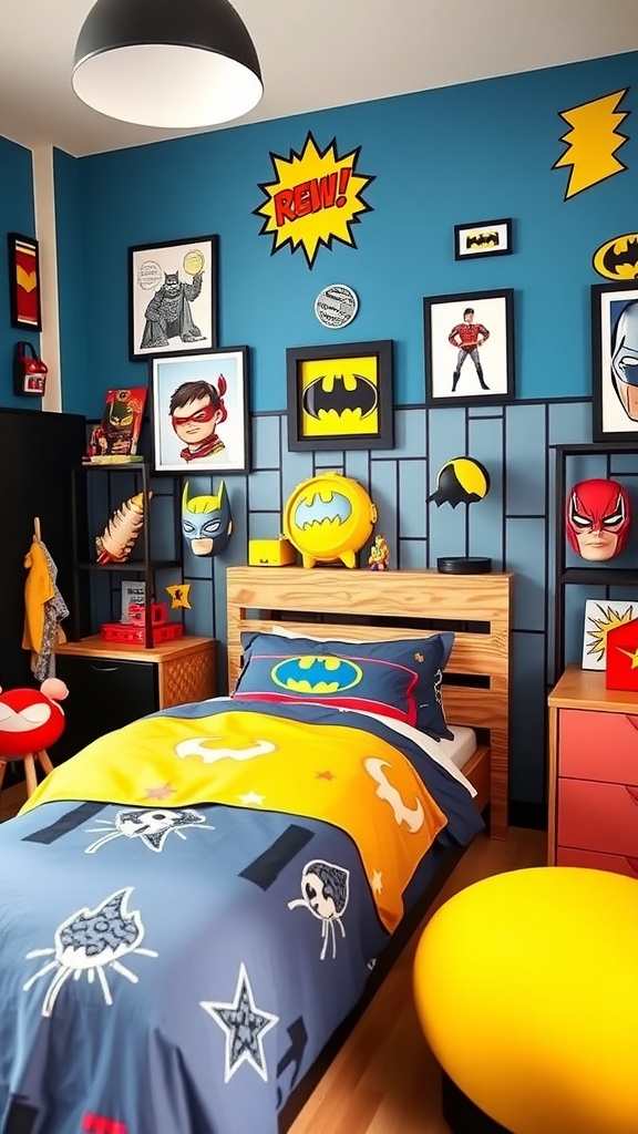 A toddler boy's superhero-themed bedroom with blue walls, superhero decor, and colorful bedding.