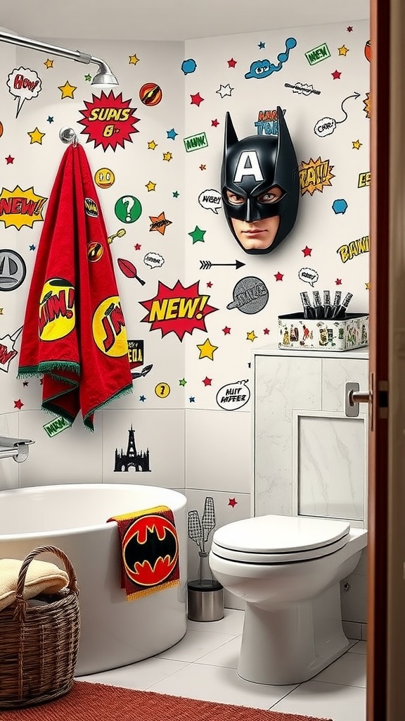 A colorful superhero-themed bathroom with comic-style wall decor, a Batman mask, and vibrant towels
