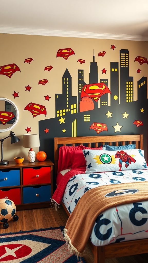 A kid's bedroom decorated with superhero themes, featuring a bed with superhero bedding, a wall mural of a cityscape and superhero symbols, and colorful storage drawers.