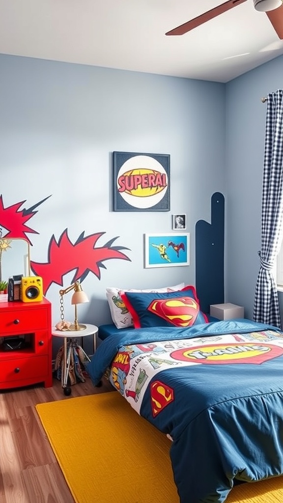 A superhero-themed bedroom with bold colors, featuring a blue bedspread with superhero graphics, red nightstand, and playful wall art.