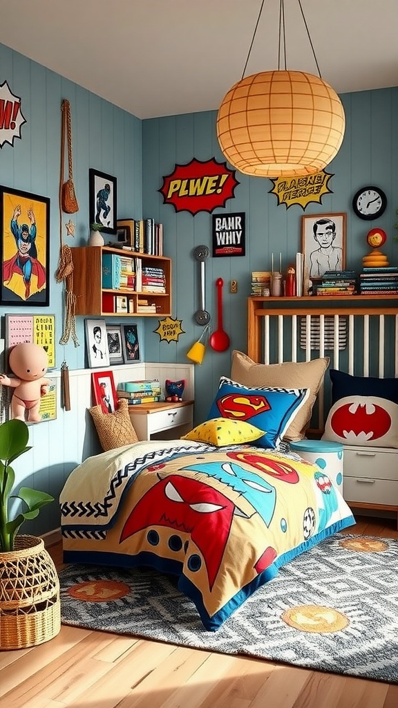 A vibrant superhero-themed bedroom with colorful bedding, playful wall art, and a cozy atmosphere.