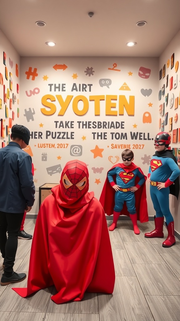 Kids dressed as superheroes in an escape room setting with colorful decorations and puzzles.