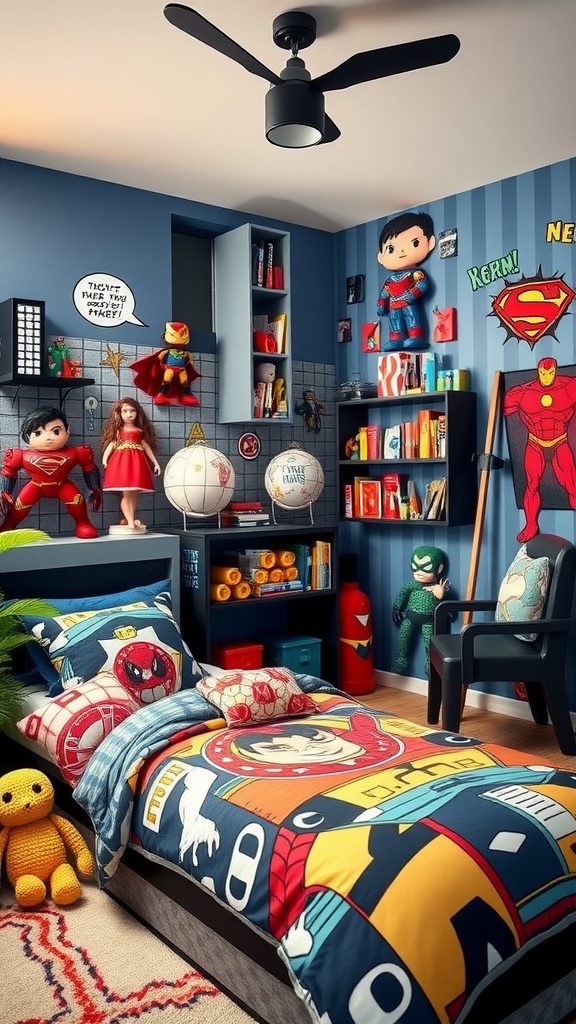Boys bedroom with a superhero theme featuring comic-style decor and colorful bedding