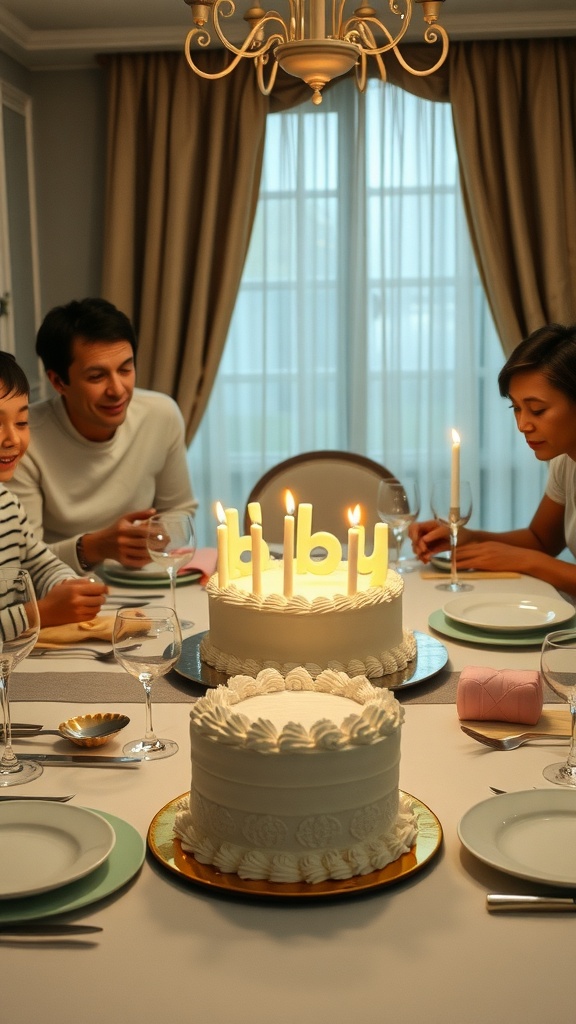 A cozy dinner table setting with two cakes that say 'baby' surrounded by family members.