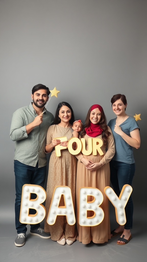 A family of five holding a sign that says 'FOUR BABY' in a photo shoot