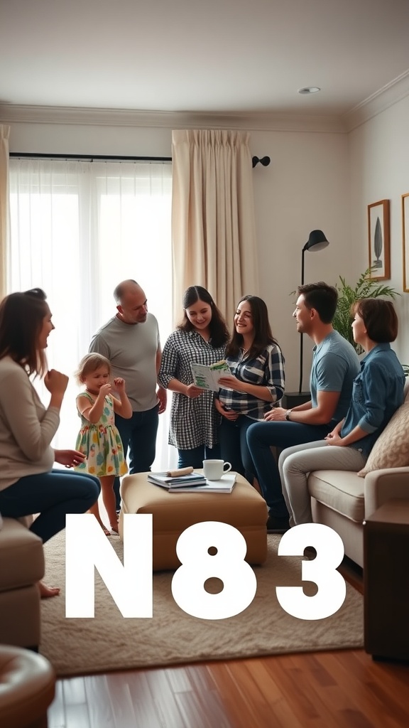 A family gathered in a living room, happily engaged in conversation, sharing a moment together.