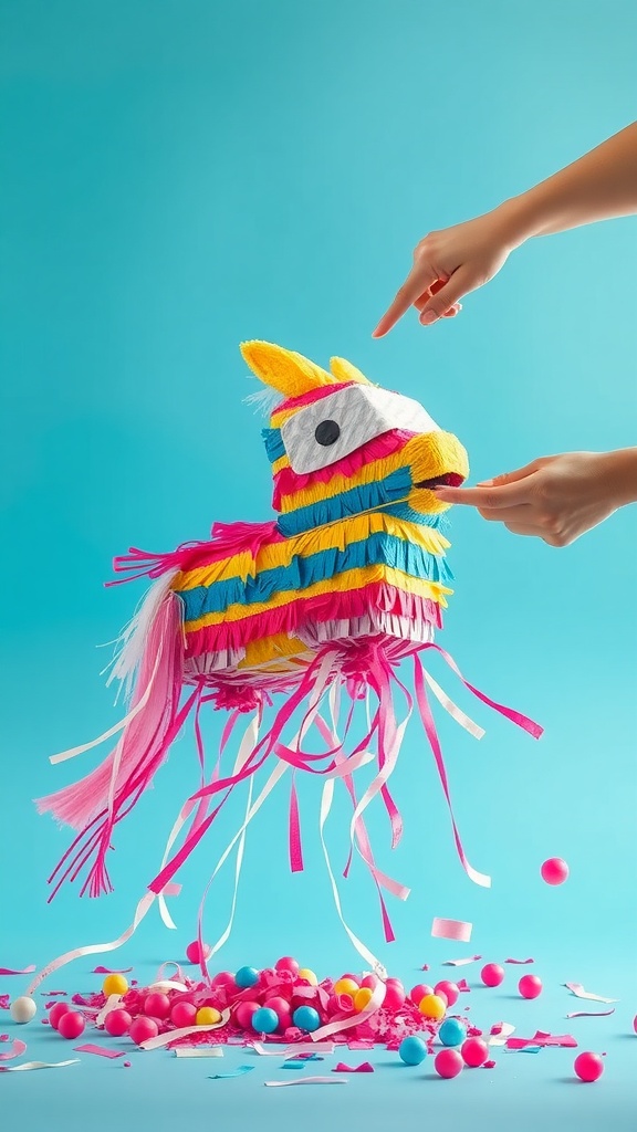 Colorful piñata with vibrant stripes hanging mid-air, surrounded by confetti and colorful balls on a bright background.