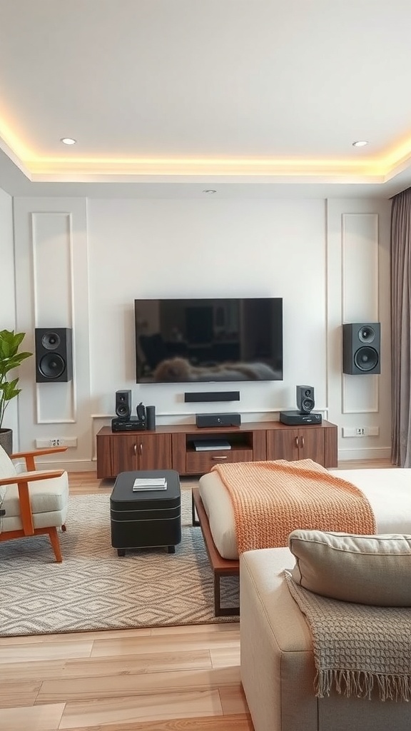Living room with a wall-mounted TV and surround sound speakers