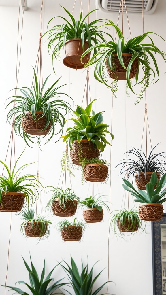 A collection of air plants displayed in hanging baskets.