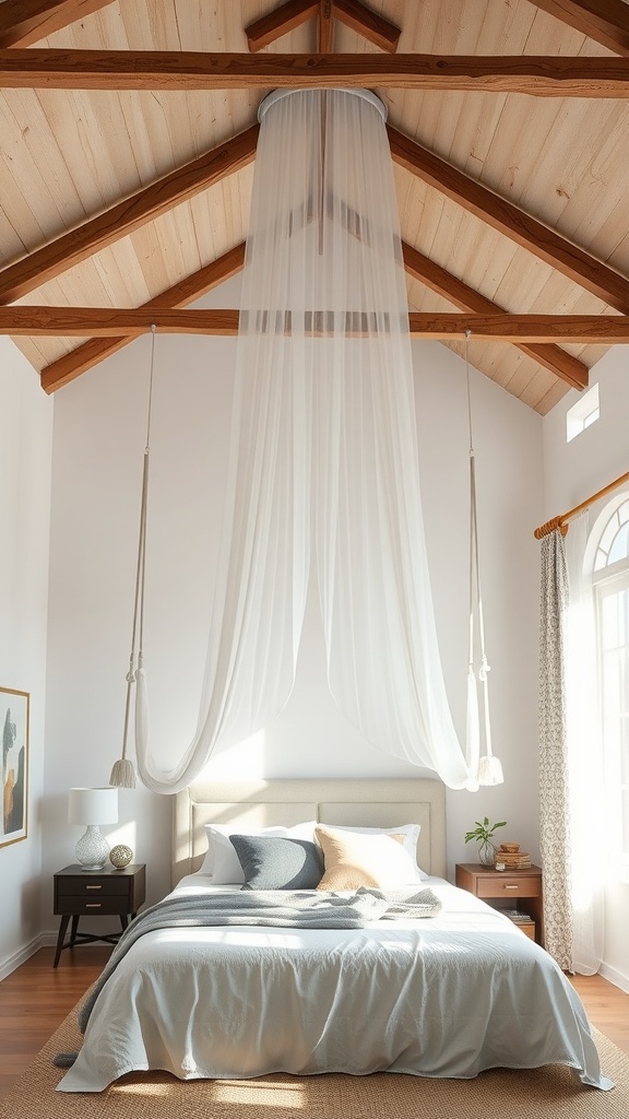 A spacious bedroom with a suspended canopy hanging from wooden beams, above a neatly made bed.