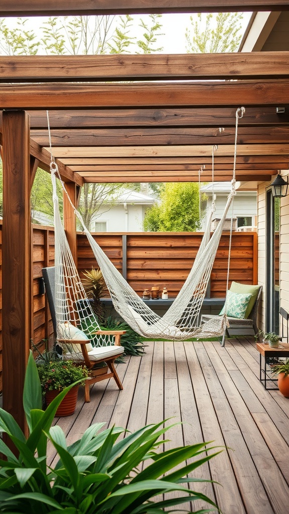 Cozy hammock suspended between wooden deck beams with potted plants and seating area