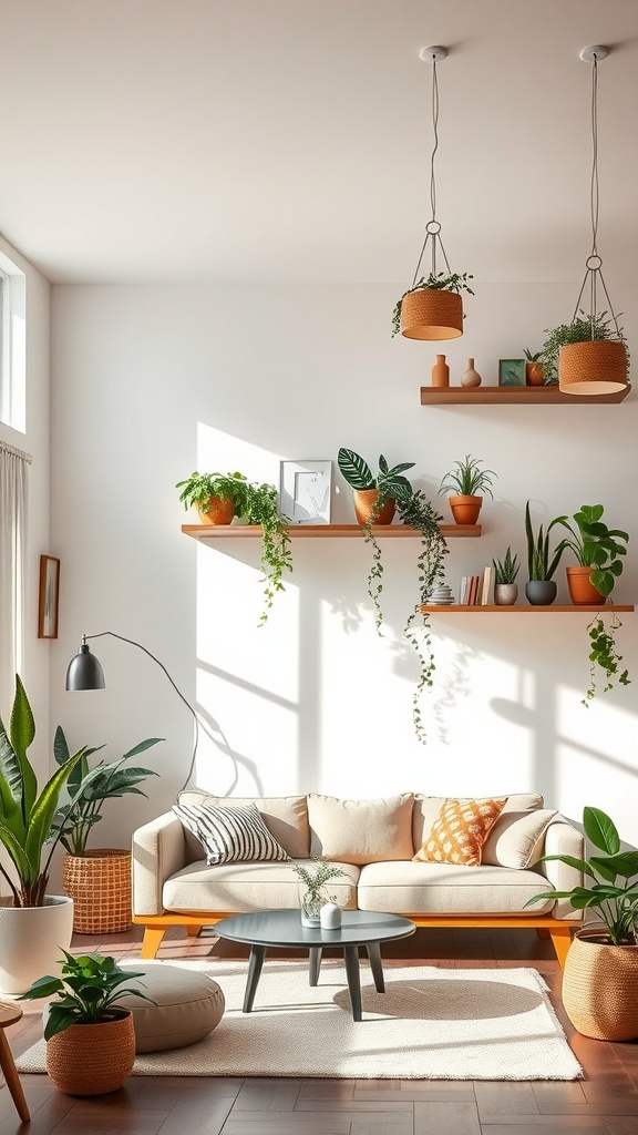 A cozy living room with suspended shelves displaying plants and decorative items