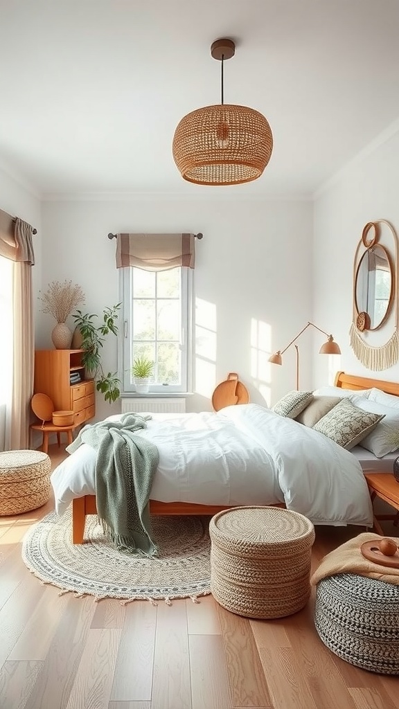A bright Scandinavian boho bedroom featuring natural materials, warm wood furniture, plants, and cozy textiles.