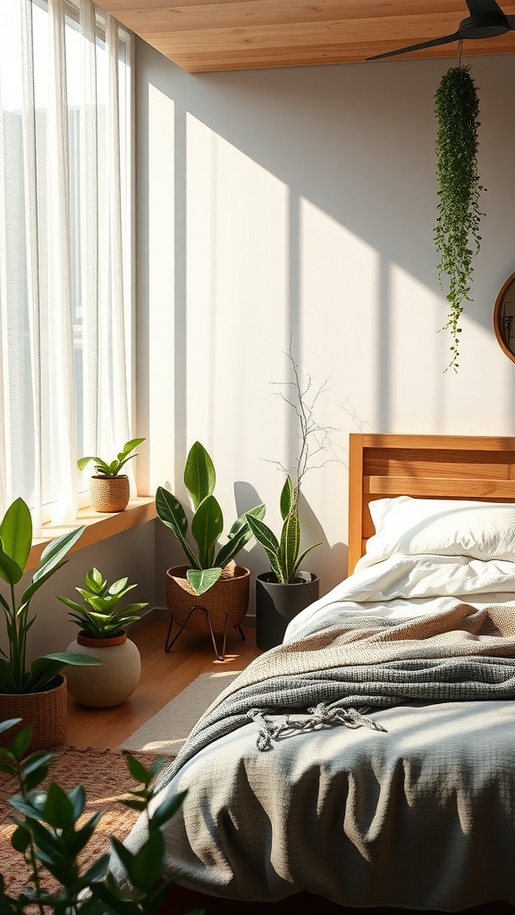 A cozy bedroom with a wooden bed, soft textiles, and various indoor plants, illuminated by natural light.