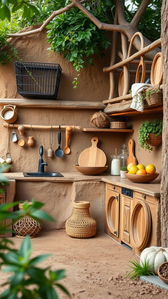 A rustic mud kitchen featuring wooden shelves, natural materials, and greenery, designed for sustainability.