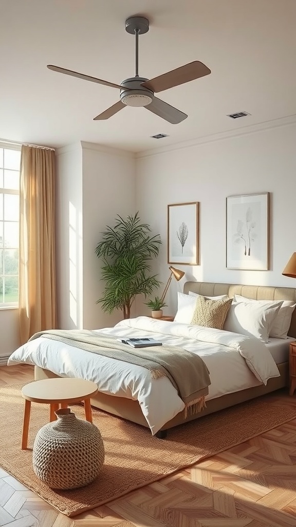 A bright and cozy bedroom featuring a bed, plants, and natural materials.