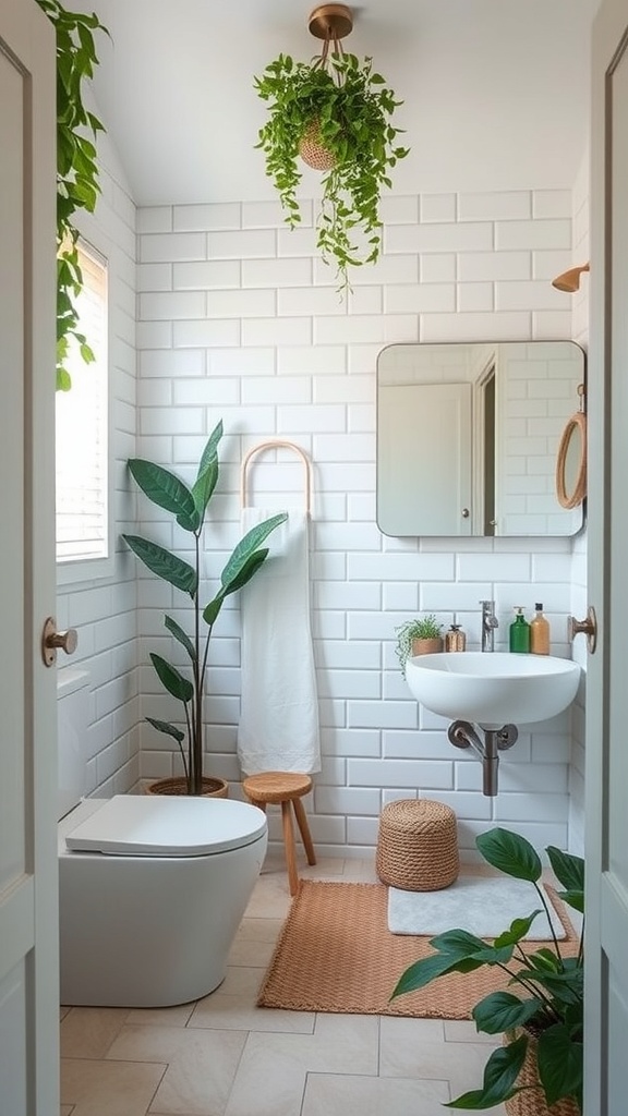A stylish powder bathroom featuring green plants, white subway tiles, and natural materials.