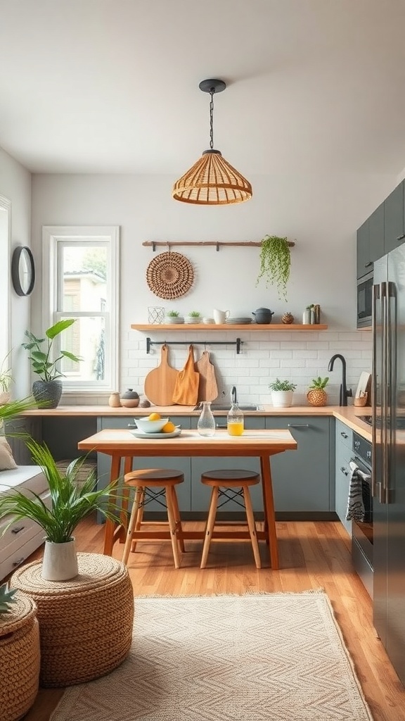 A boho kitchen featuring natural wood elements, plants, and eco-friendly decor.