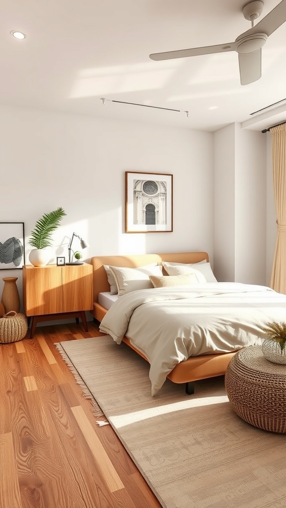 A modern Indian bedroom featuring wooden flooring, a cozy bed with soft bedding, and eco-friendly decor elements.