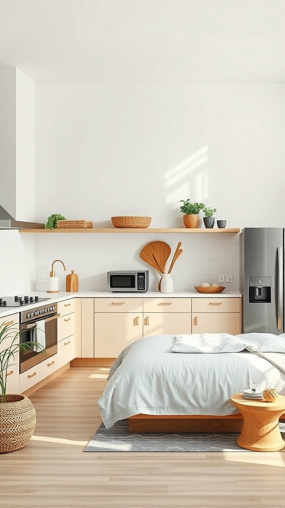A bright kitchen featuring natural wood tones, sustainable appliances, and earthy decor.